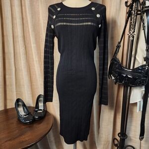 Joseph Ribkoff Black Ribbed Bodycon Midi Dress M Sheer Stripe Button